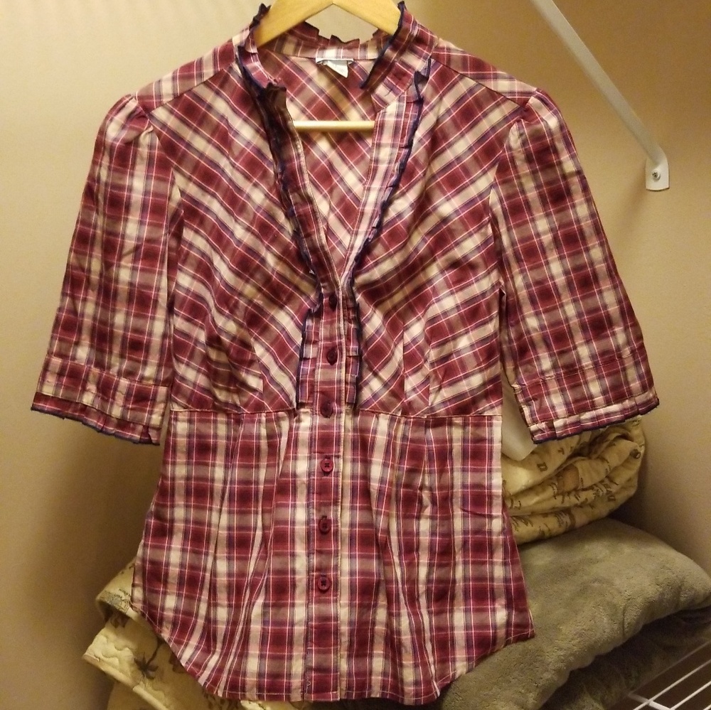 Odille anthropologie plaid V-neck 1/2 sleeve